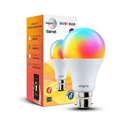 Wipro 9W B22D WiFi LED Smart Bulb with Music Sync Function, Compatible with Amazon Alexa and Google Assistant (16M Colours, Warm White/Neutral White/White + Dimmable) Pack of 1, Polycarbonate (PC)