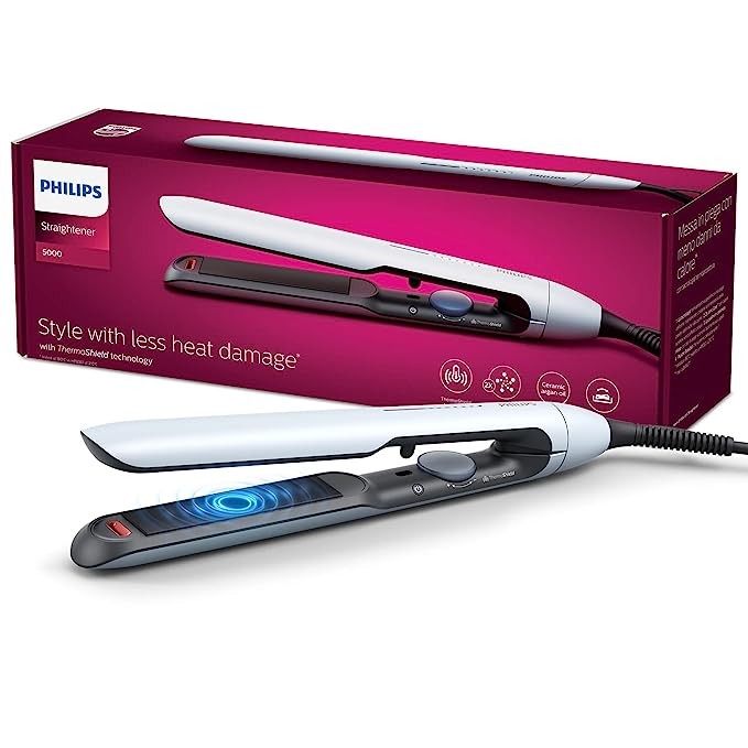 PHILIPS Hair Straightener BHS520/00, ThermoShield Technology to lower heat damage, Argan Oil Infused Plates, 2x Ionic Care for Frizz-free, smooth, shiny hair (New Model) Blue