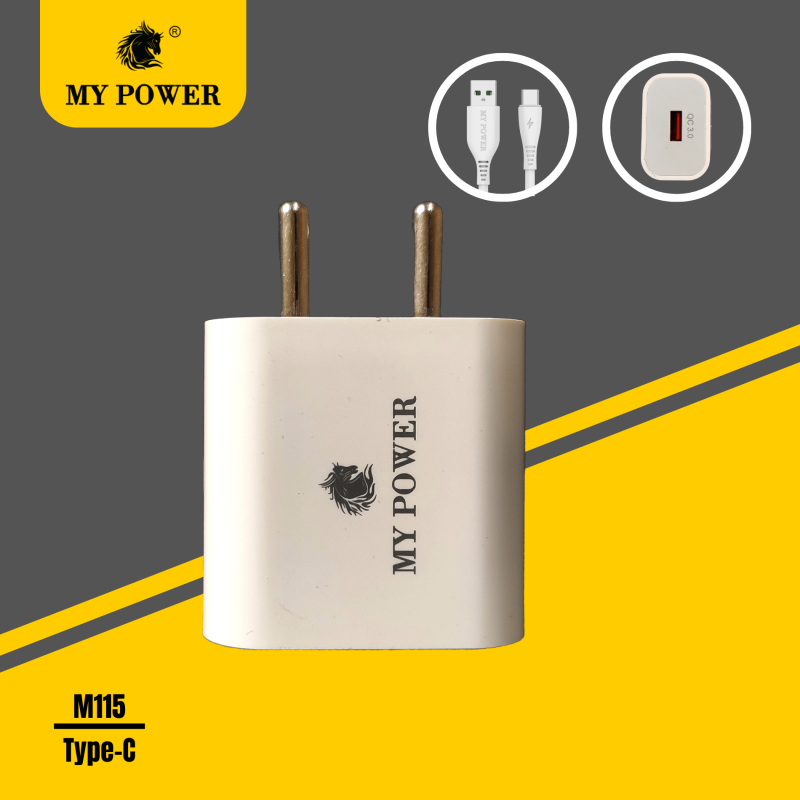 My Power 15-Watt Fast Charging Round Pin with Type-C data cable, Indian Pin, Quick Charger White Color with 6 Months of Warranty