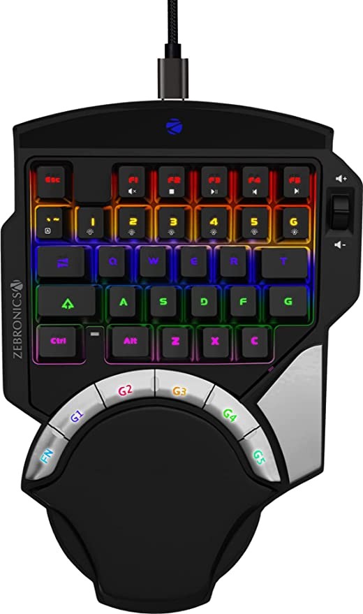 ZEBRONICS Zeb-MAX Atom one-Handed RGB Gaming Mechanical Keyboard, 37 Keys with 5 Macro Keys, Wrist Pad, Dedicated Volume Controller