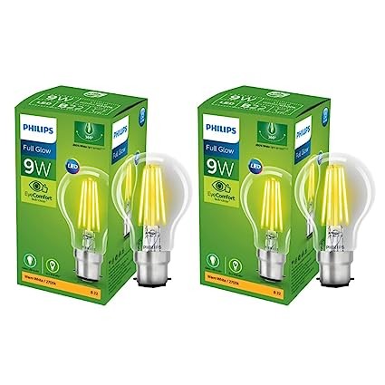 PHILIPS Full Glow 9-watt B22 Clear LED Bulb | Warm White, Pack of 2