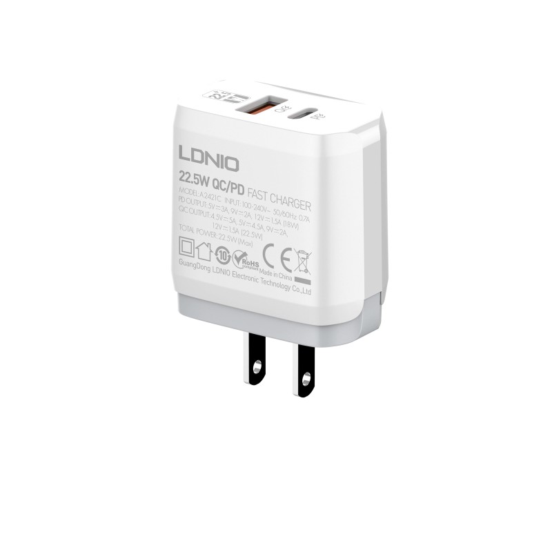 LDNIO A2421C 22.5W USB-A & USB-C (2 Ports) Universal Quick Type-C Charge Adapter