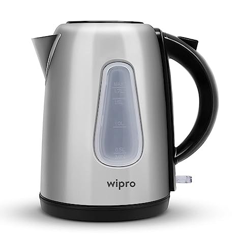 Wipro Vesta Electric Kettle Stainless Steel 1.7 L | 2000W | Auto Shut-Off | Boil Dry Protection | 360° Rotating Base | Single Touch lid locking | Water Level Indicator, Black, Standard | Power Plug