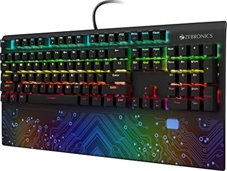 ZEBRONICS Zeb-MAX Chroma Premium Mechanical Gaming Keyboard with 104 Tactile Switch Keys, Wrist Rest, 18 RGB LED Modes, Braided & Gold Plated USB Cable