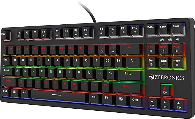 ZEBRONICS Zeb-MAX V2 Premium Mechanical TKL (Tenkeyless) Keyboard with 87 Tactile Switch Keys, 18 RGB LED Modes, Braided & Gold Plated USB Cable, Integrated Multimedia Keys, Key Removal Tool