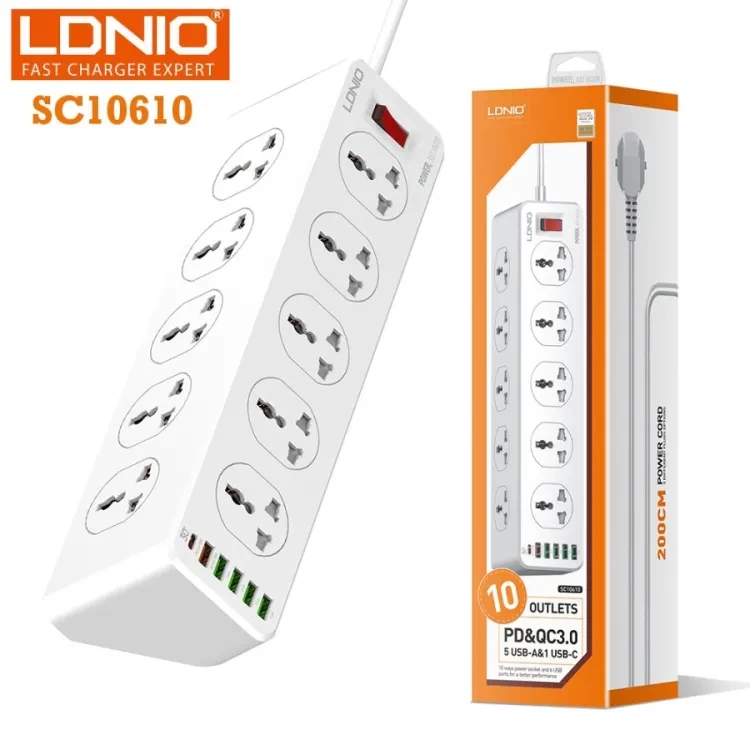 Ldnio Extension Cord, Power Plug, 10socket, Support 5usb & 1 Usb-c Qc 3.0 Fast Charge, Fast Charging, Power 2500w-2 Meter Cable For TV and Electronic Devices