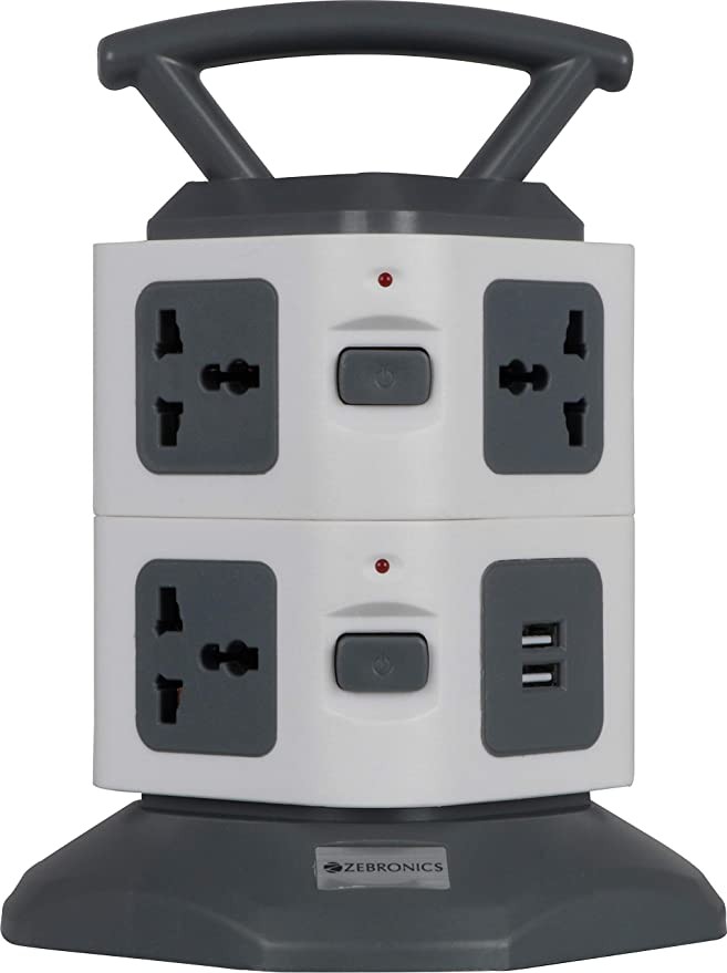 Zebronics Zeb- TS3320USB Tower Strip Extension Socket with 7 Universal Socket, 2 USB Ports and 2.8 m Long Cable, 250 Volts, Black