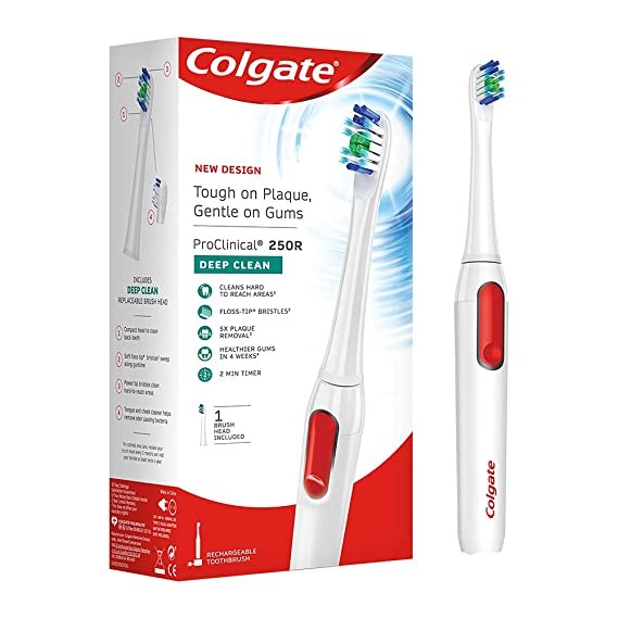 Colgate Proclinical 250R Deep Clean Rechargeable Sonic Toothbrush for adults, Electric Toothbrush with Soft Bristles, Healthier Gums in 4 Weeks (With Replaceable Brush Head, Charger included,White)