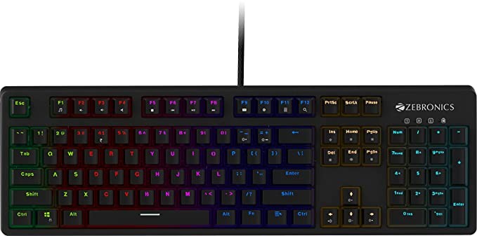 ZEBRONICS Zeb-MAX Plus V2 Premium Mechanical Keyboard with 104 Tactile Switch Keys, 2 Step Stand, 18 Multicolor Modes, Braided & Gold Plated USB Cable, Integrated Multimedia Keys (Zeb-MAX Plus V2)