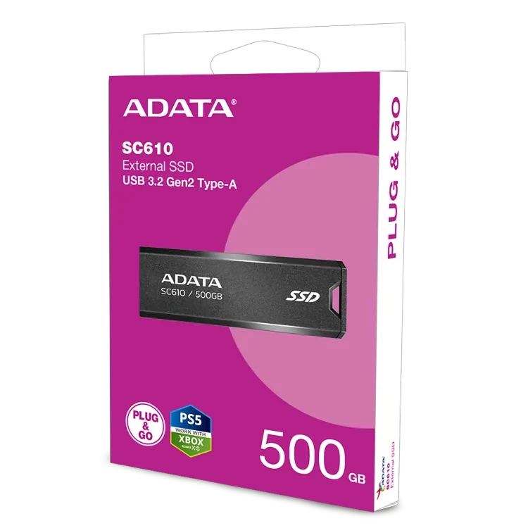 ADATA SC610 External SSD 500GB (USB 3.2 Gen2 | Read Write Speed up to 550/500 MB/s | Capless & Cableless Design)